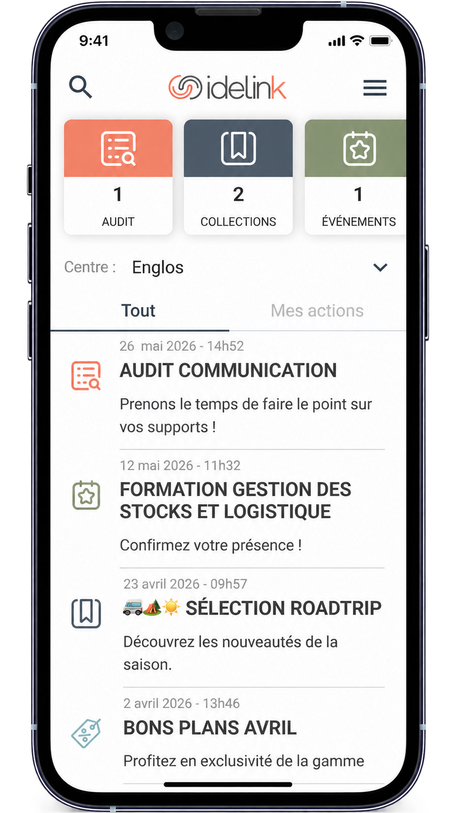 Idelink sur mobile : accueil